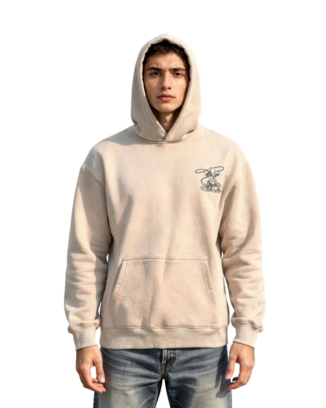 Person wearing a beige hoodie with a Cowboy logo on a white background