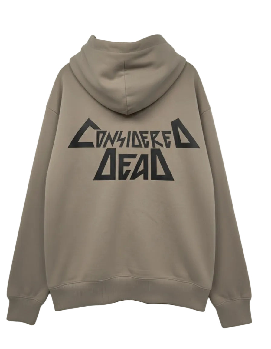 Beige hoodie with 'Considered Dead' text on the back against a white background