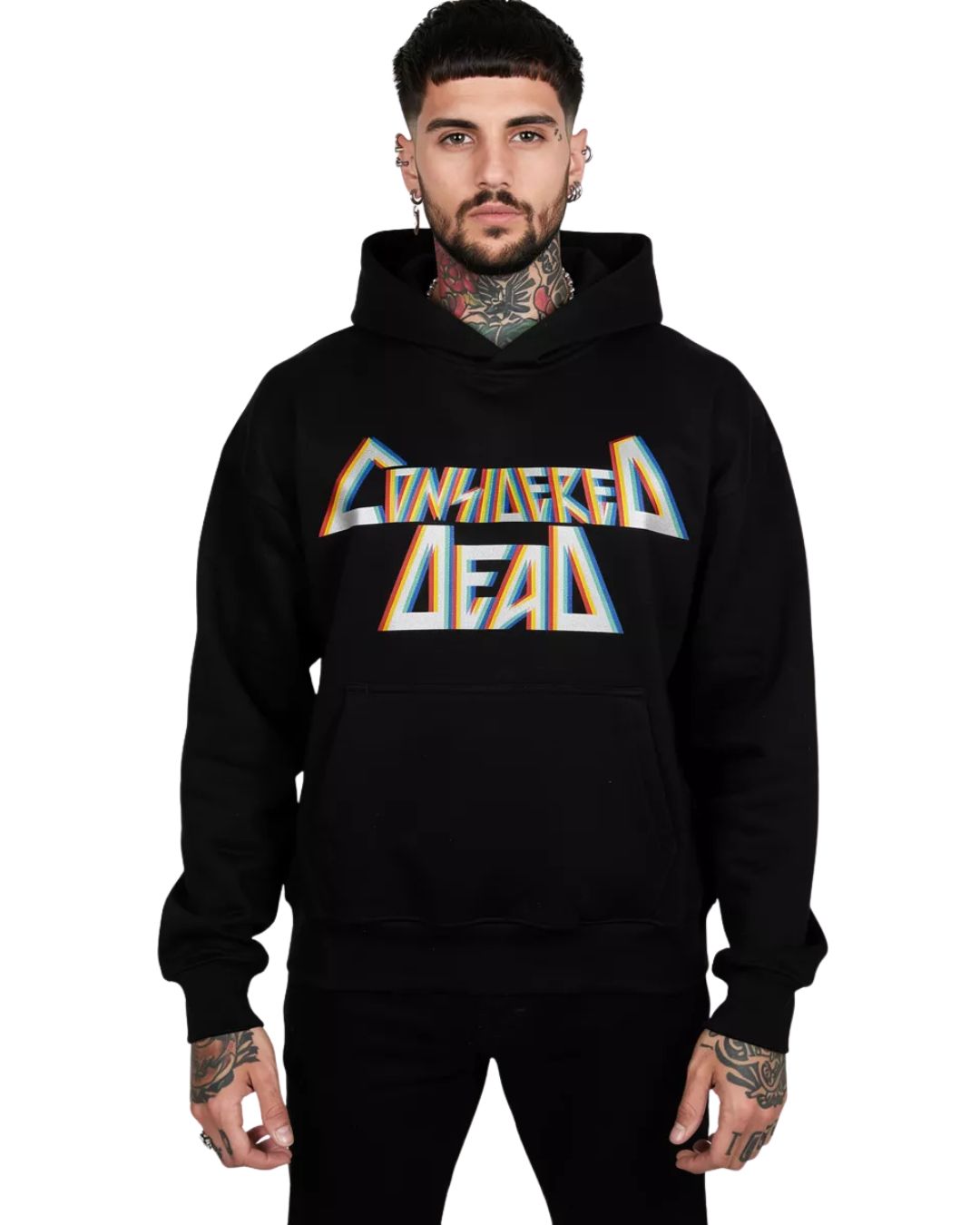 Model wearing a Considered Dead black heavyweight hoodie featuring a multi-color retro-metal logo. Sustainable Dallas streetwear fashion for alternative and punk styles.