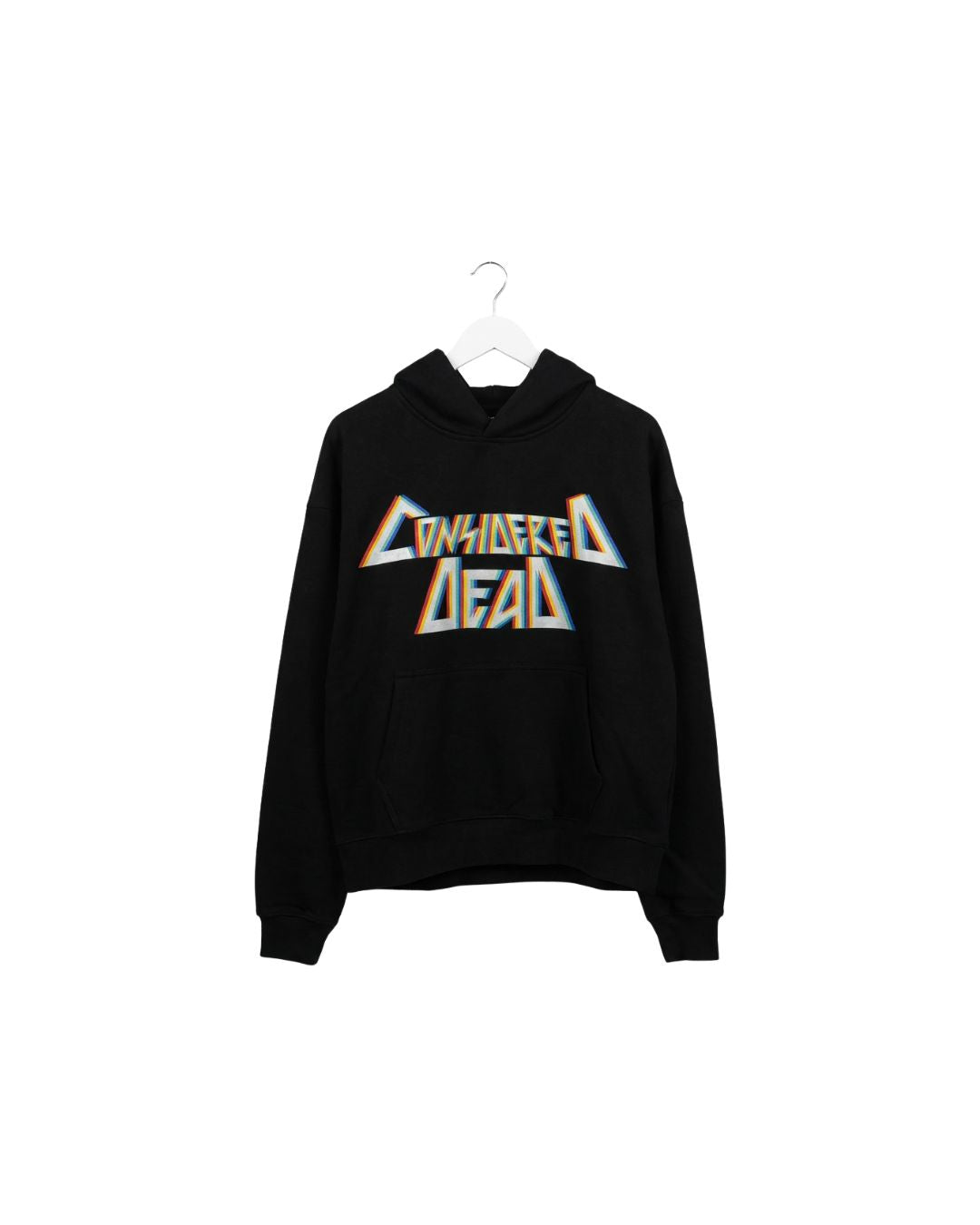 Black hoodie with a colorful graphic on a white background