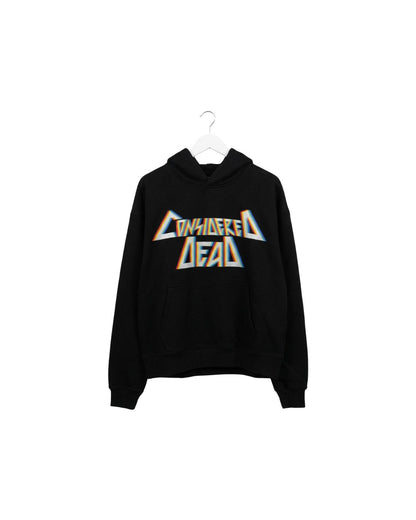 Black hoodie with a colorful graphic on a white background