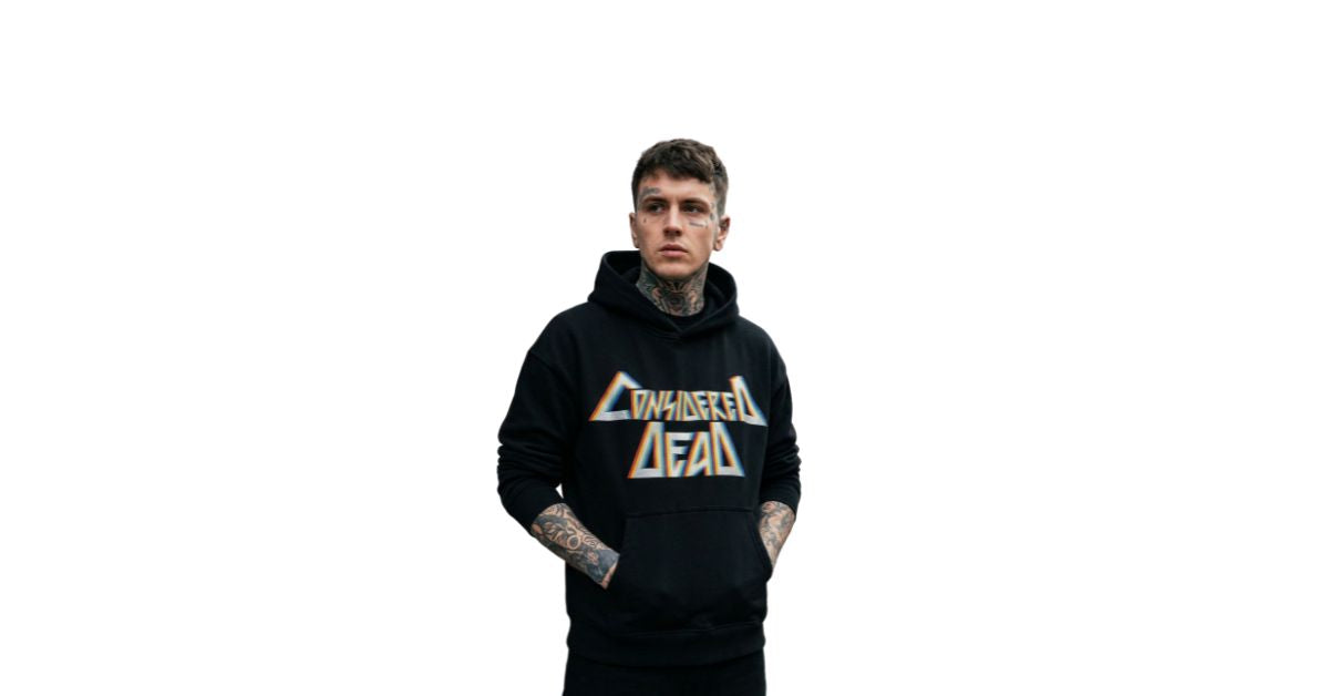 Person wearing a black Considered Dead  hoodie with a logo on a white background