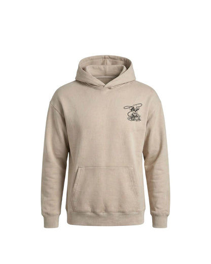 Beige hoodie with a small cowboy logo on the chest against a white background