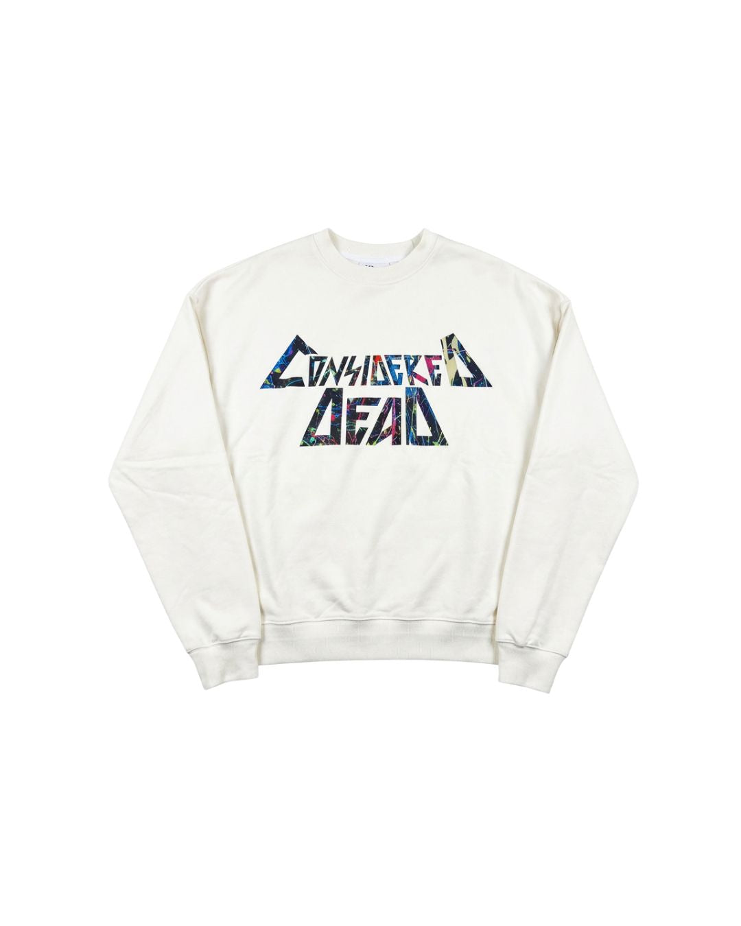 White sweatshirt with colorful 'Considered Dead' graphic design on a white background