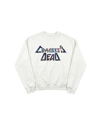 White sweatshirt with colorful 'Considered Dead' graphic design on a white background
