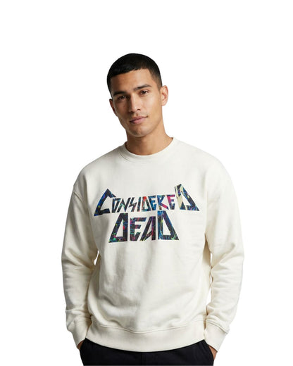 Person wearing a white sweatshirt with Considered Dead design on a white background