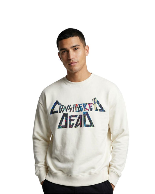 Person wearing a white sweatshirt with Considered Dead design on a white background