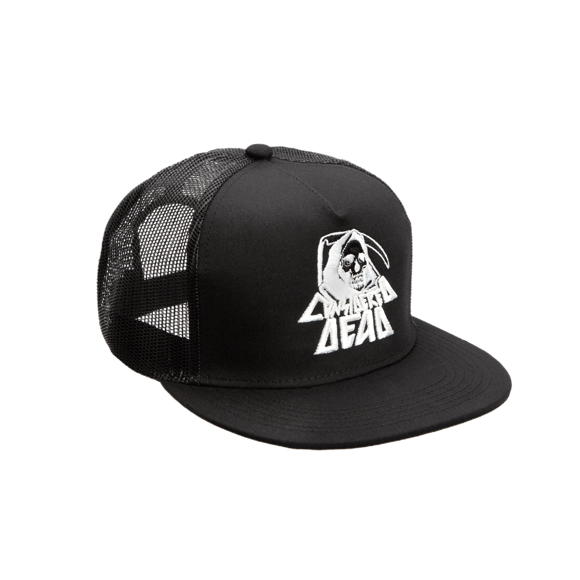 Considered Dead black trucker hat with an embroidered grim reaper front patch