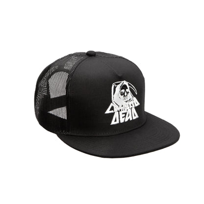 Considered Dead black trucker hat with an embroidered grim reaper front patch
