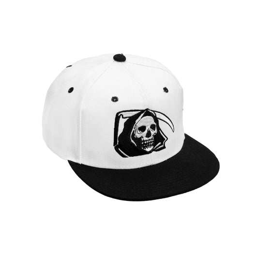 Considered Dead Reaper snapback hat with a white crown, black flat brim, and embroidered graphics.