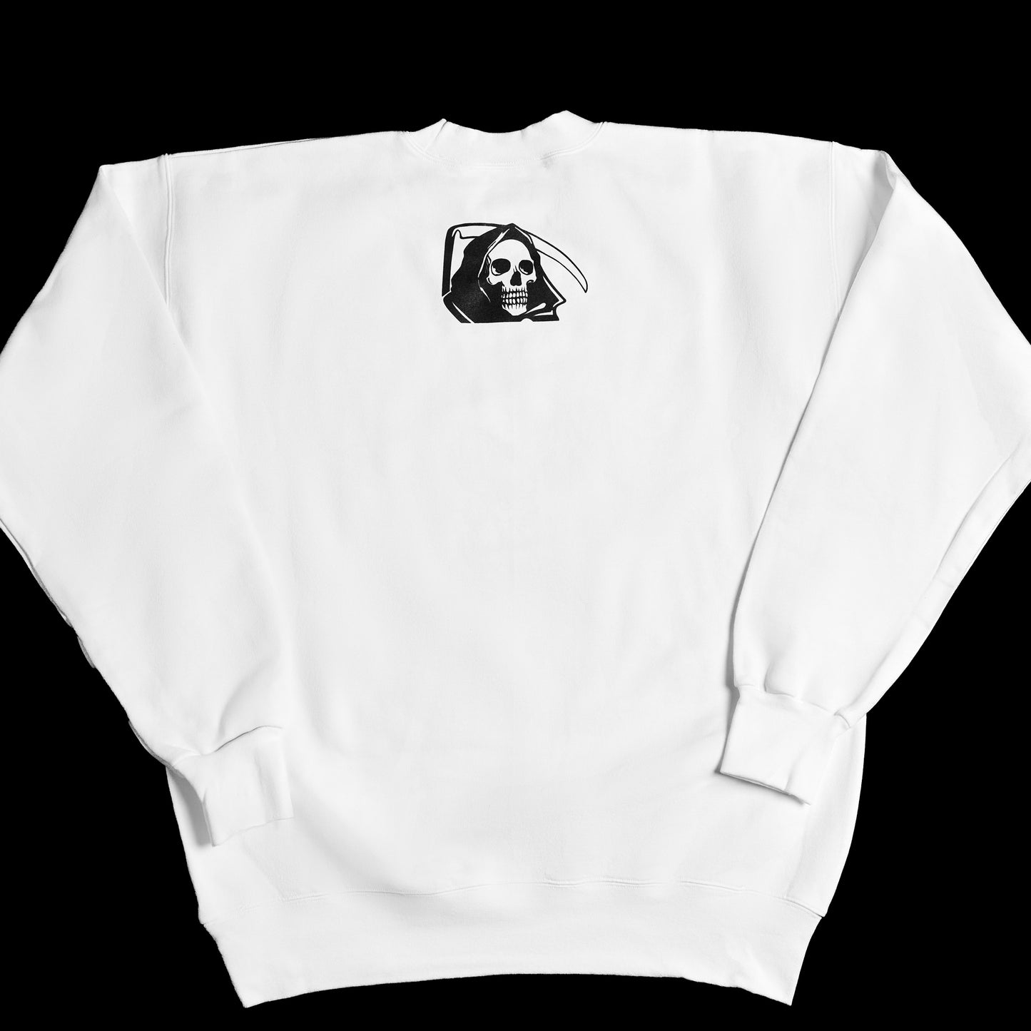 An all-white medium-weight sweatshirt with 'CONSIDERED DEAD' text in bold black letters on the front and a graphic on the back.