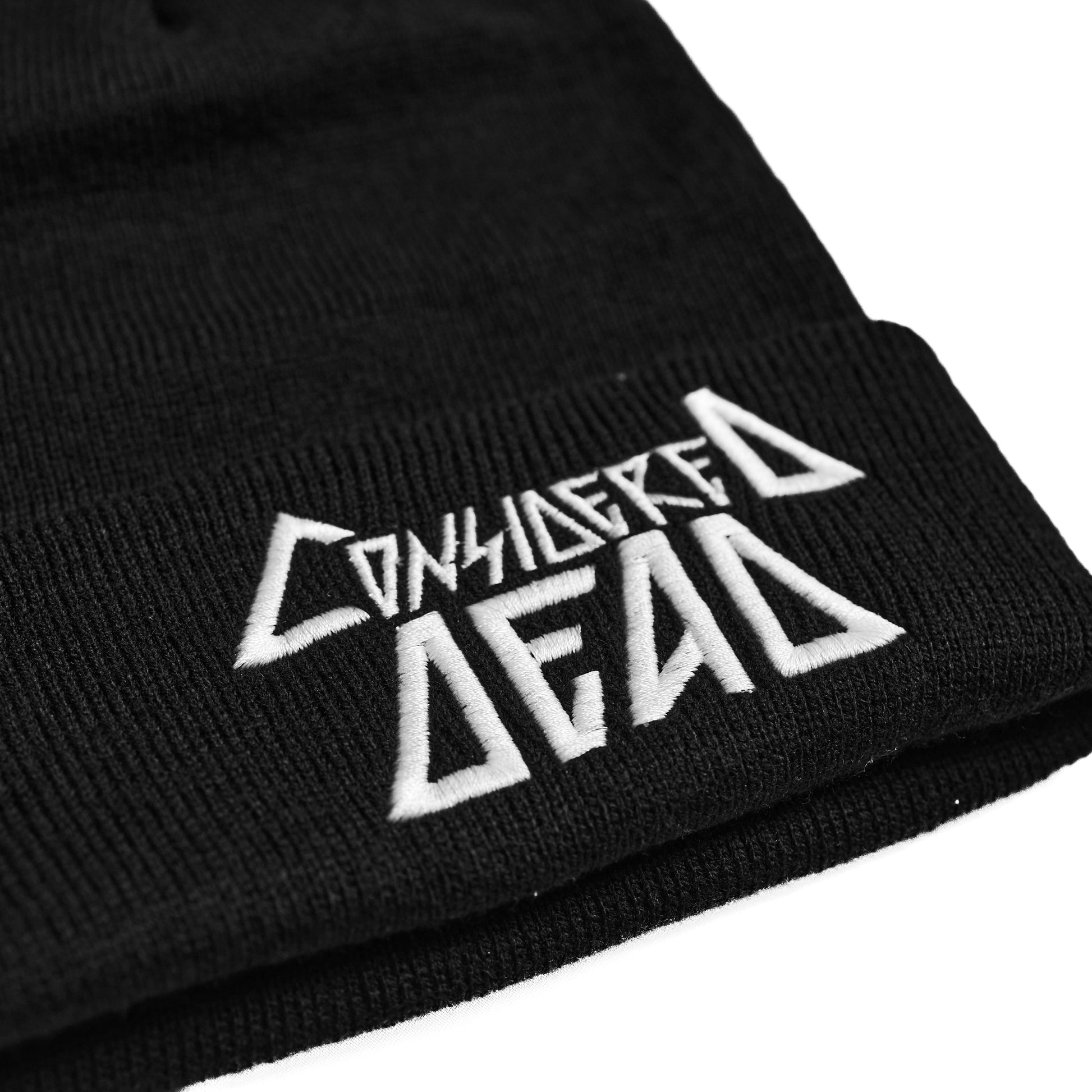 Considered Dead black knit beanie with embroidered logo.
