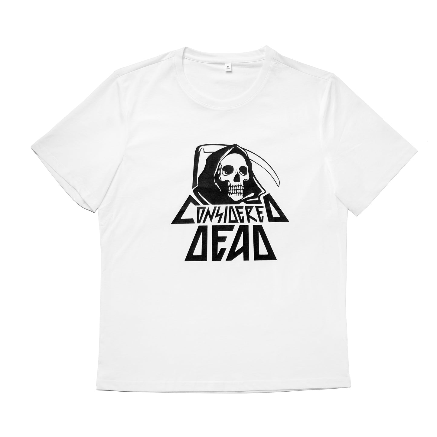 Considered Dead Reaper eco friendly tee in white showing the front logo.
