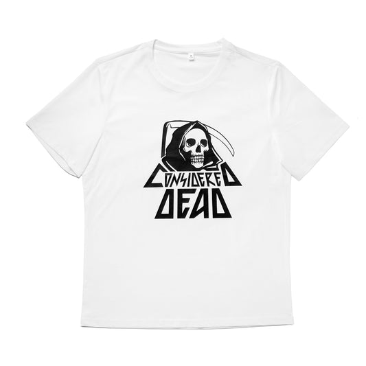 Considered Dead Reaper eco friendly tee in white showing the front logo.