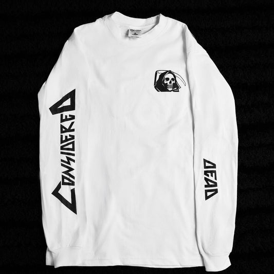A long sleeve white T-shirt with the Reaper design on the left chest and text on both sleeves, displayed against a black background.