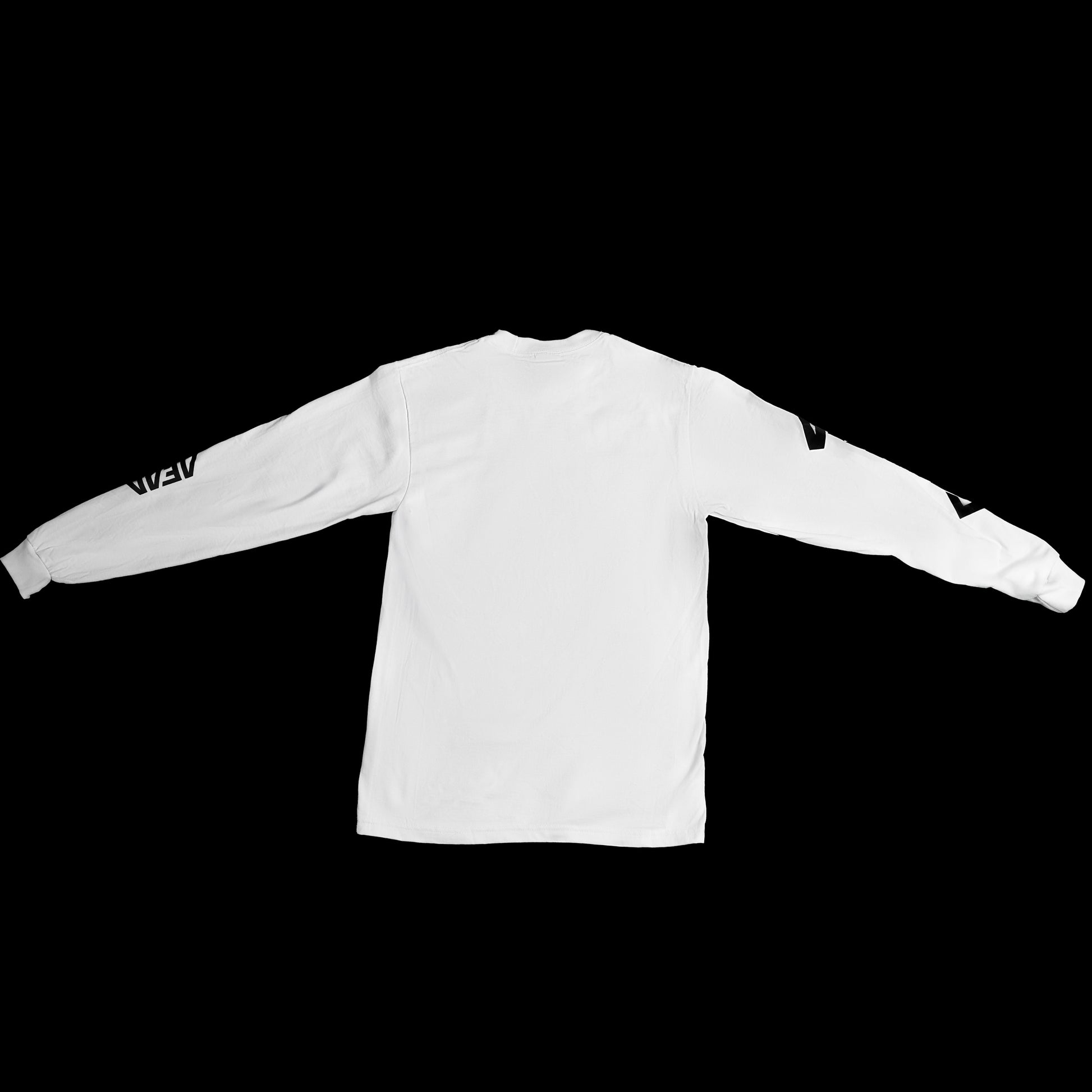 A long sleeve white T-shirt with the Reaper design on the left chest and text on both sleeves, displayed against a black background.