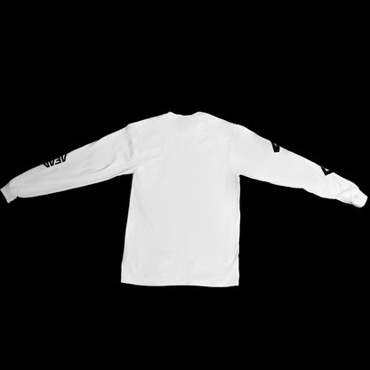 A long sleeve white T-shirt with the Reaper design on the left chest and text on both sleeves, displayed against a black background.